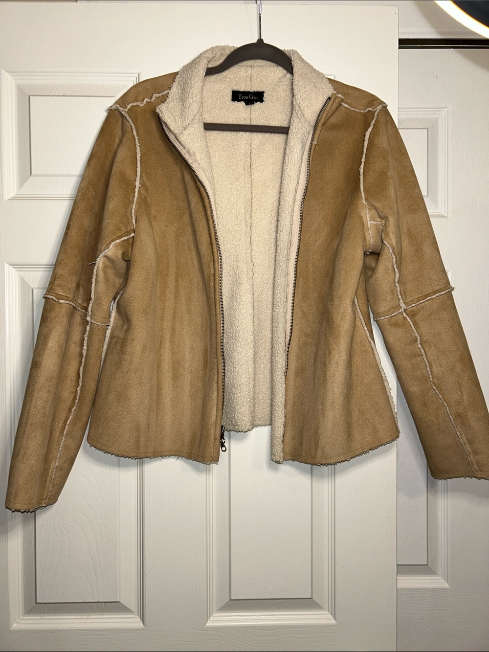 True Grit Tan Faux Suede Shearling Lined Zip Jacket Large